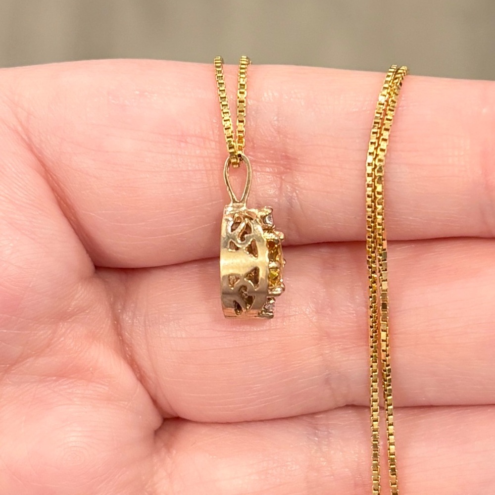 Vintage 10K Yellow Topaz Pendant, Small Petite, CZ Accent, Golden Regal Style - Picture 11 of 15